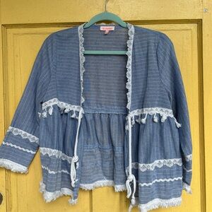 Blue Striped Cardigan with Lace Trim